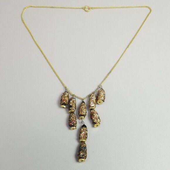 Vintage Black and Brown Glass Bead Drop Fringe Necklace, 16 Inch Chain - Picture 3 of 7